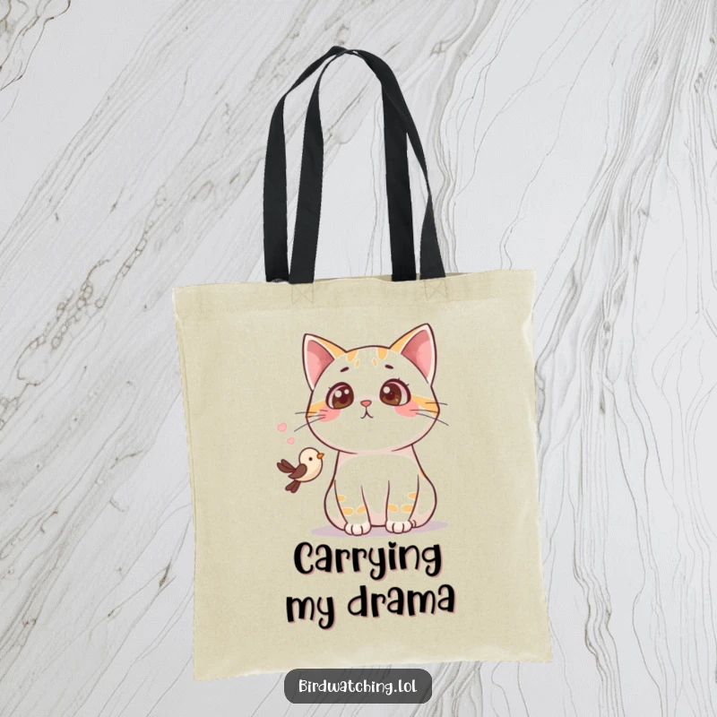 Funny surprised cat tote bag, showing a cat’s exaggerated gasp upon spotting a little bird, perfect for shoppers.
