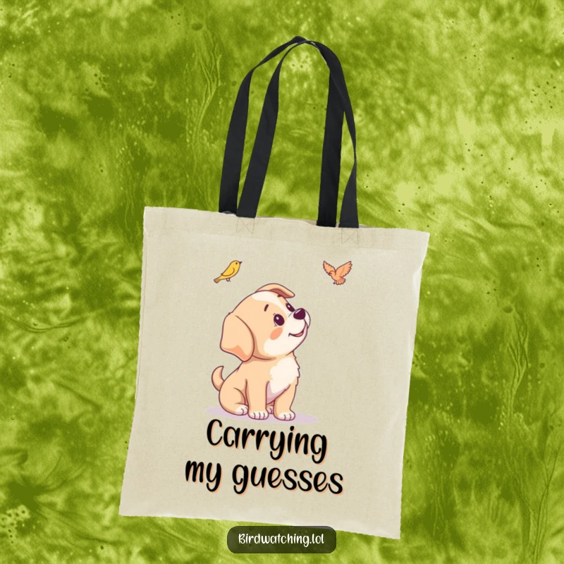 Funny tote bag with a playful puppy tilting its head, showing curiosity towards a distant bird.