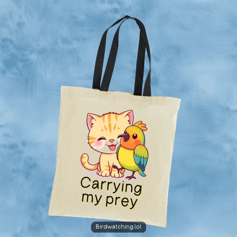 Funny happy cat's stealthy approach to a colorful bird, printed on a chic and humorous tote bag.