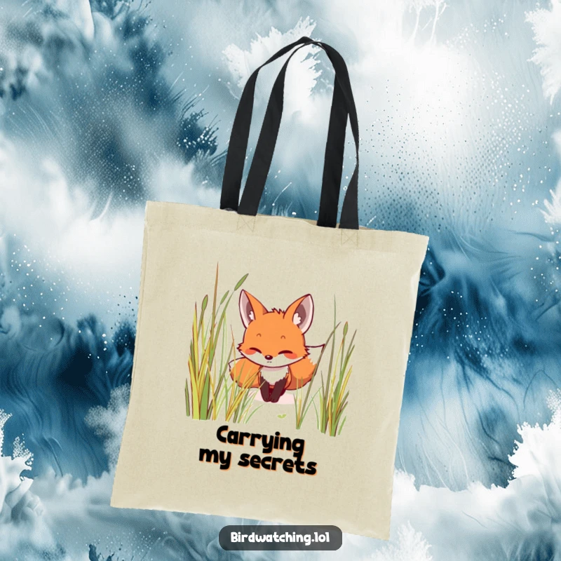 Funny tote bag illustrated with a smiling fox creeping stealthily through grass, focused and alert, a practical and humorous accessory, great gift.