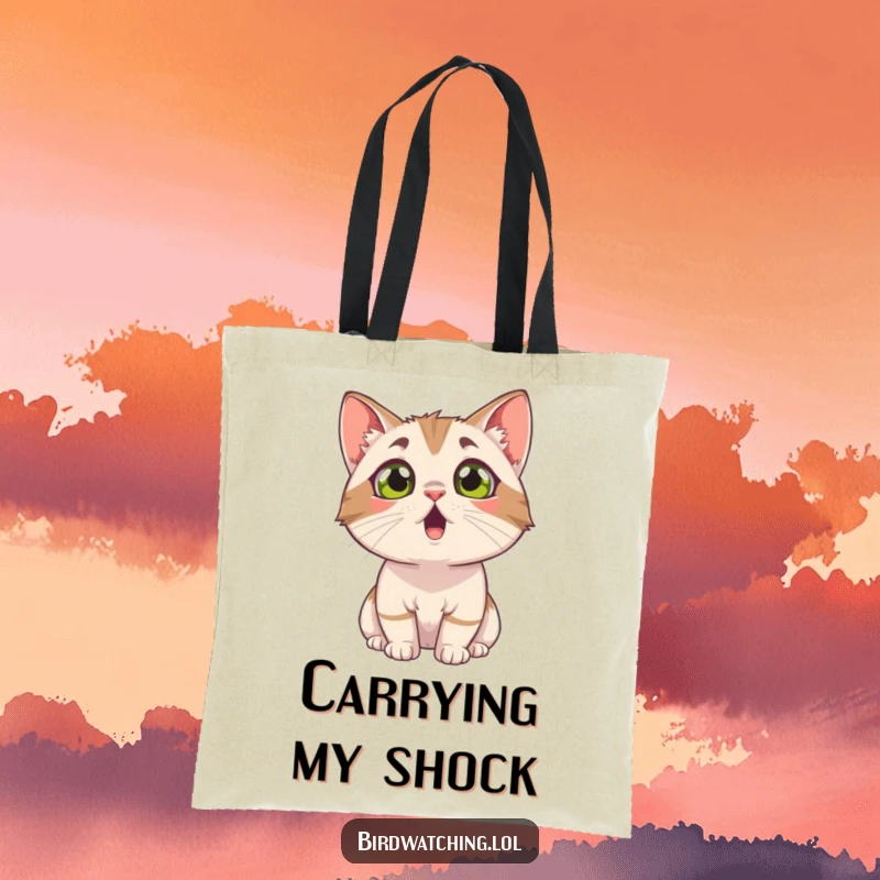 Funny surprised cat tote bag, eyes wide with astonishment, looking upwards. Witty and functional accessory.