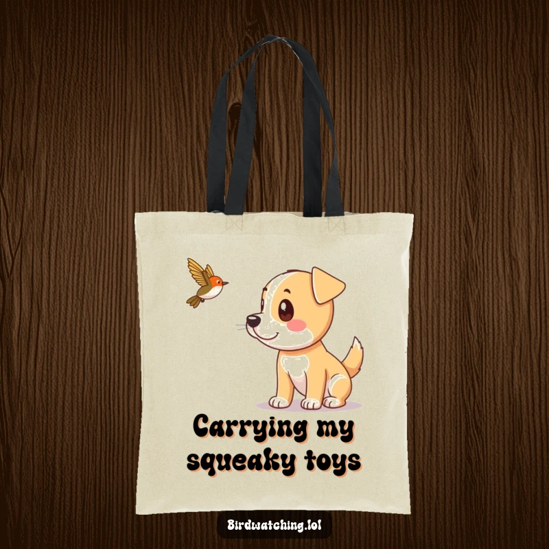 Funny dog spotting a bird with ears perked, ready for fun, on a stylish and humorous tote bag.