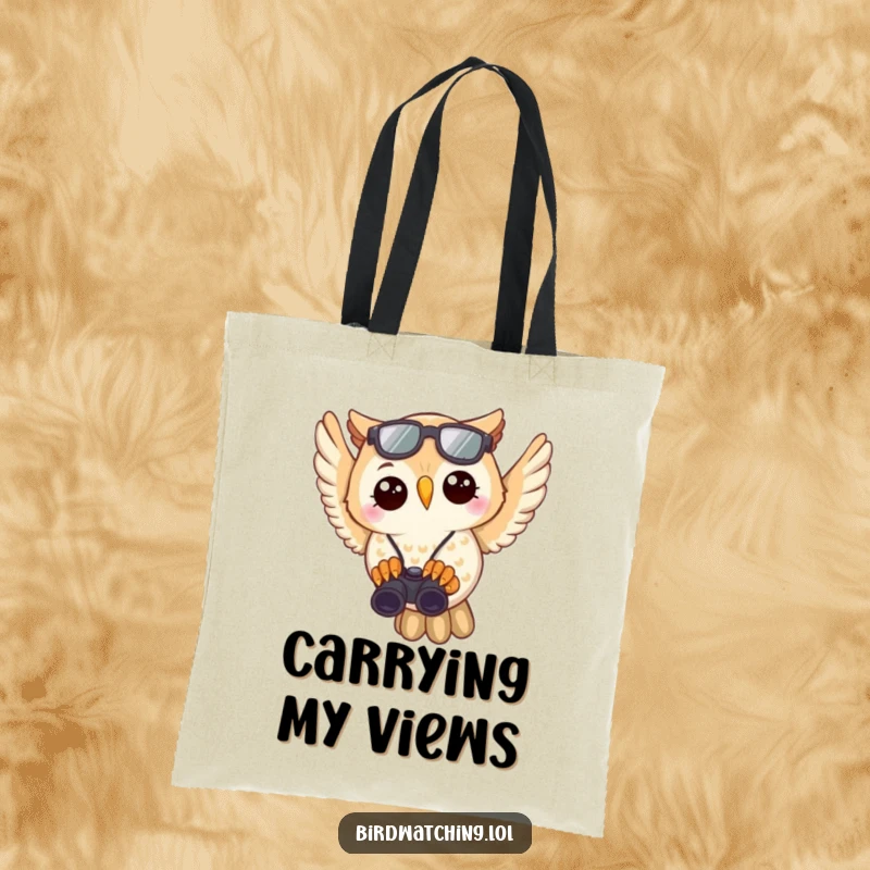 Funny Owl Birdwatcher Tote Bag: Joyful owl with binoculars preparing to spot wildlife, perfect practical accessory.