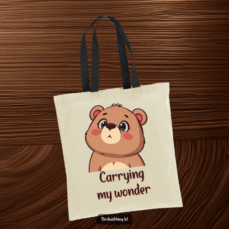 Funny tote bag illustrated with a determined bear gazing upwards in wonder, mouth agape, a humorous and practical accessory for carrying treasures.