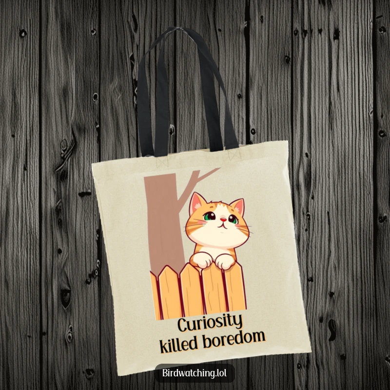 Funny tote bag with a surprised cat stretching its neck to look over a fence, a humorous and practical accessory for daily use.