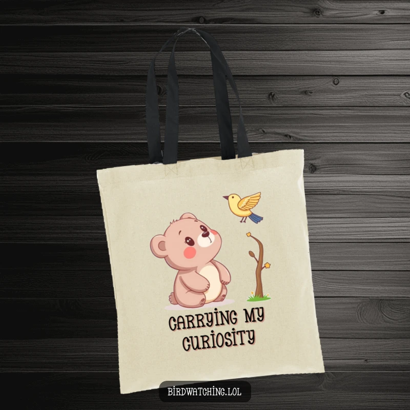 Funny tote bag depicting a bear gazing up at a bird with immense wonder, practical and humorous for everyday use, a great gift.