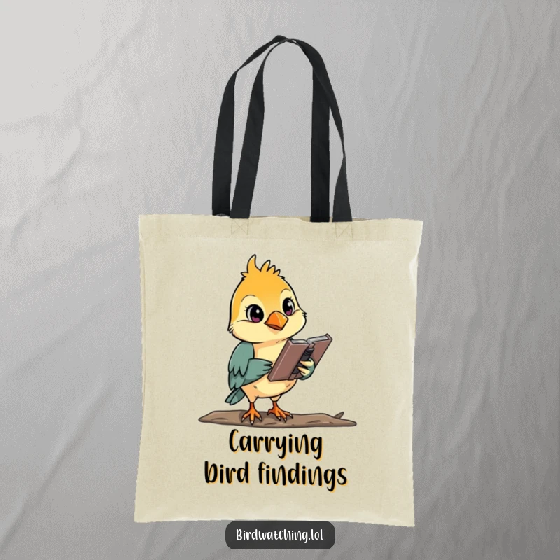 Funny bird watcher intently sketching, holding notebook, on a stylish and humorous tote bag.