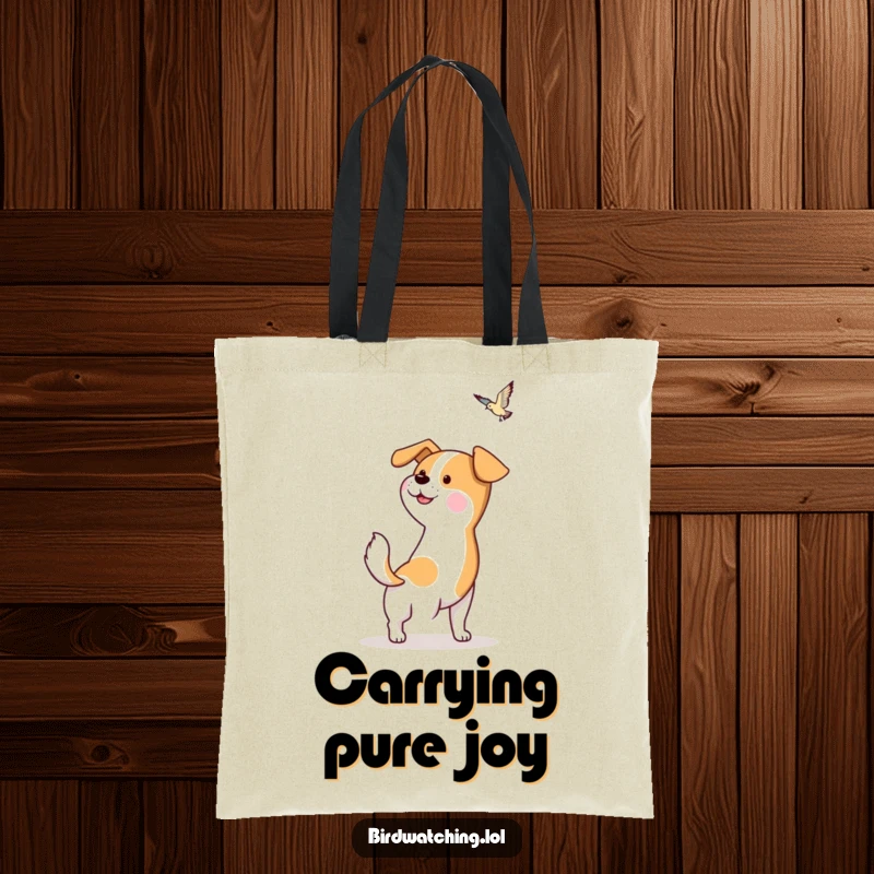 Funny Dog Tote Bag: A hopeful dog wags its tail, spotting a bird. Adorable and funny.