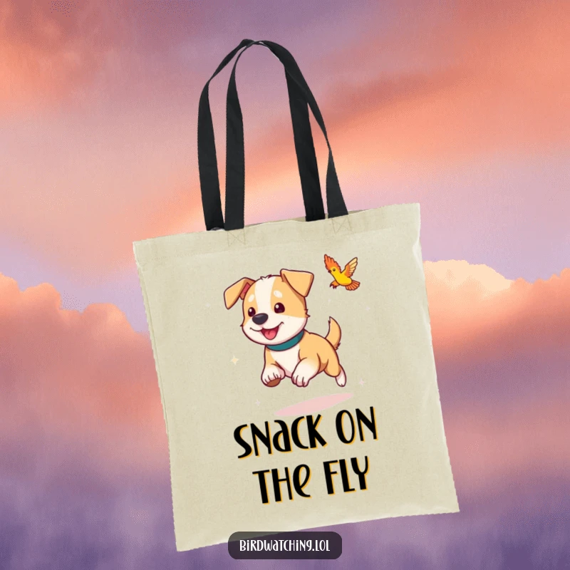 Funny dog tote bag, energetically pursuing a small bird, a charming and practical item for animal lovers.