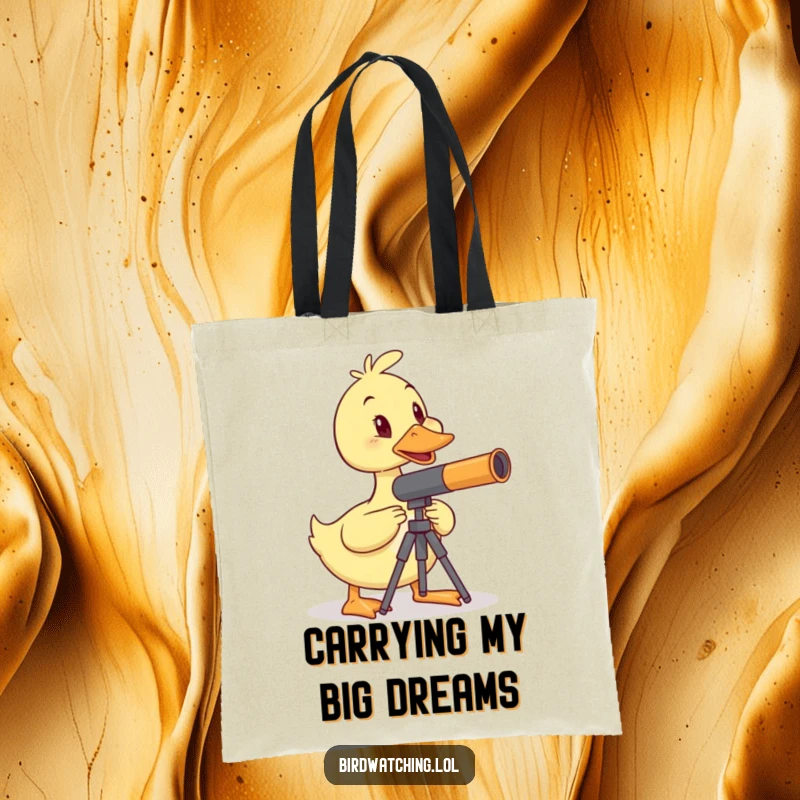 Funny duck telescope tote bag, wobbly duck balancing, humorous observation, durable and funny, ideal gift.