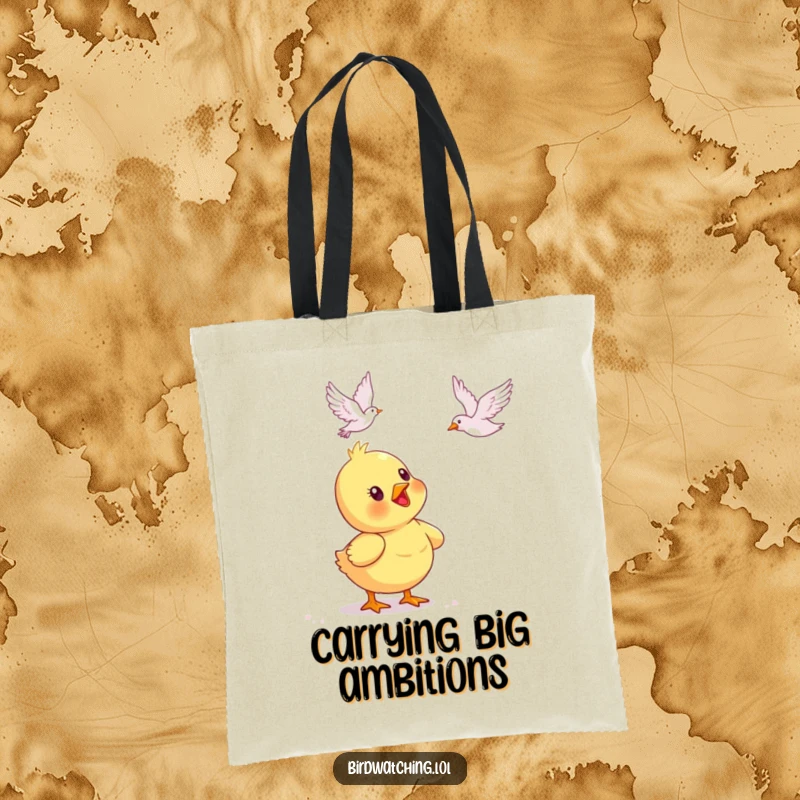Funny duckling tote bag, delightedly watching a bird soar. Cute, functional, and a great gift.