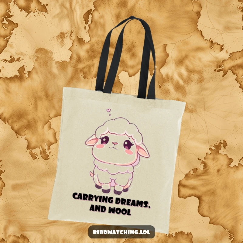Funny fluffy sheep tote bag showcasing a sheep gazing upwards dreamily, a charming and humorous accessory for gentle souls.