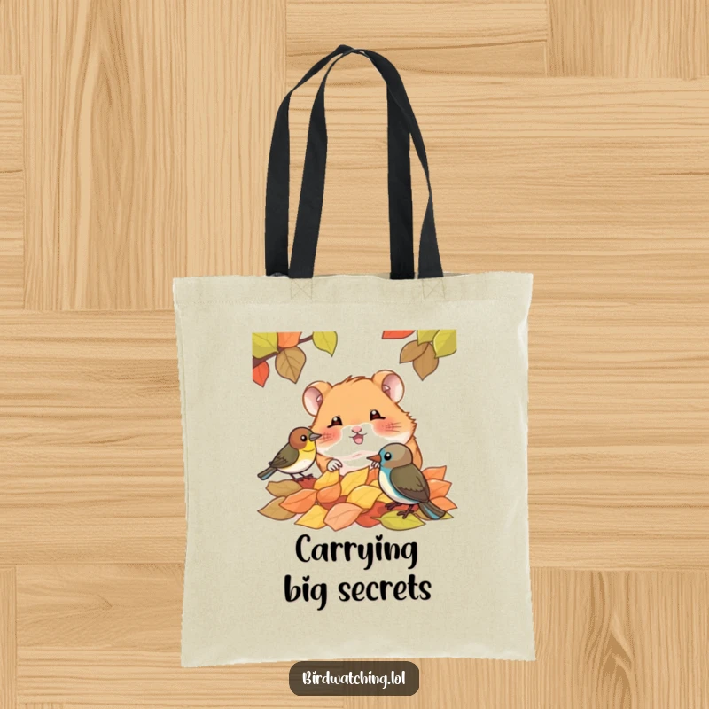 Funny tote bag with a giggling hamster, leaves, and a bird, illustrating a sweet and humorous woodland encounter for everyday use.