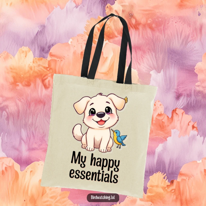 Funny Tote Bag with a happy dog, wide eyes and wagging tail, excited about a bird.