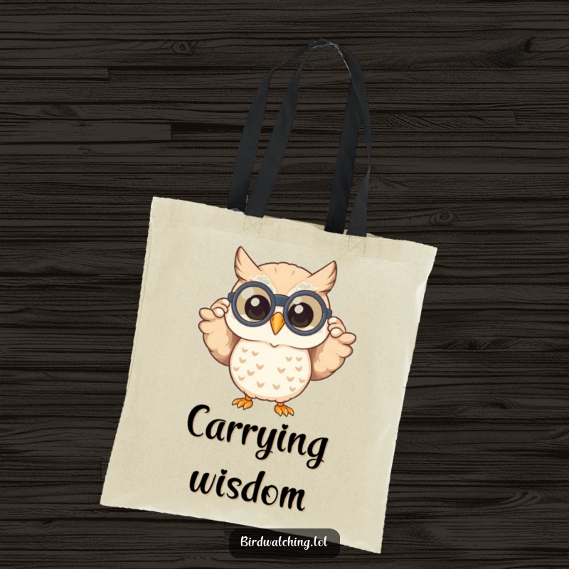 Funny tote bag with a happy owl peeking through binoculars with a wide smile, ideal for carrying essentials with a dose of cheerful exploration.