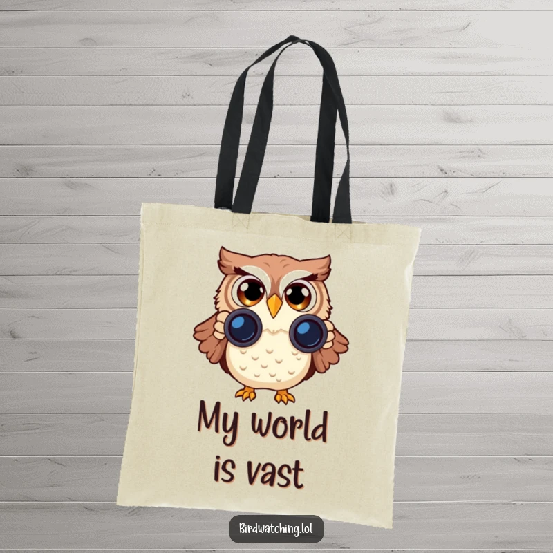Funny Owl Tote Bag: A humorous tote showcasing a surprised owl peering through binoculars, perfect for everyday use.