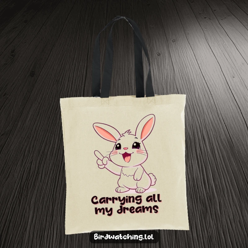 Funny rabbit tote bag, happily pointing at the sky, symbolizing pure excitement and optimism. Perfect accessory.