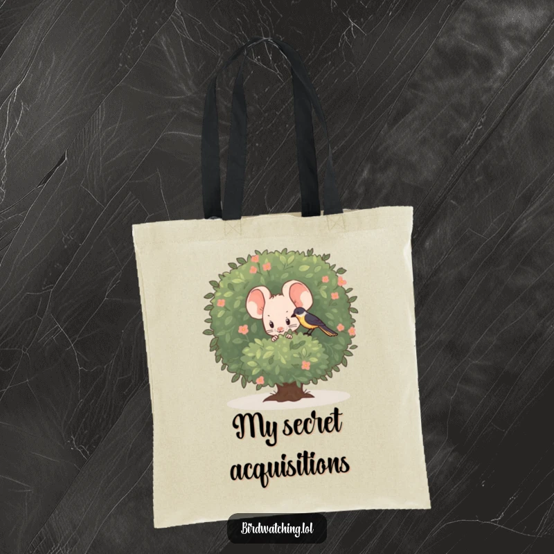 Funny shy mouse tote bag, hiding behind a bush to spy on a bird, adding cute humor to errands.