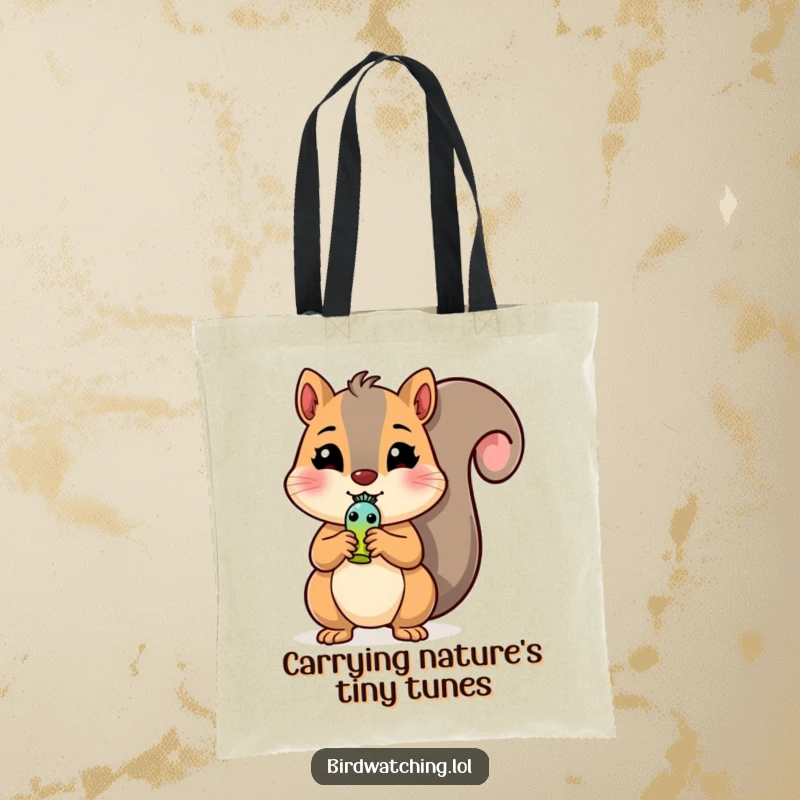 Funny Squirrel Tote Bag: A smiling squirrel clutches a tiny bird whistle, ready for errands. Adorable and funny.