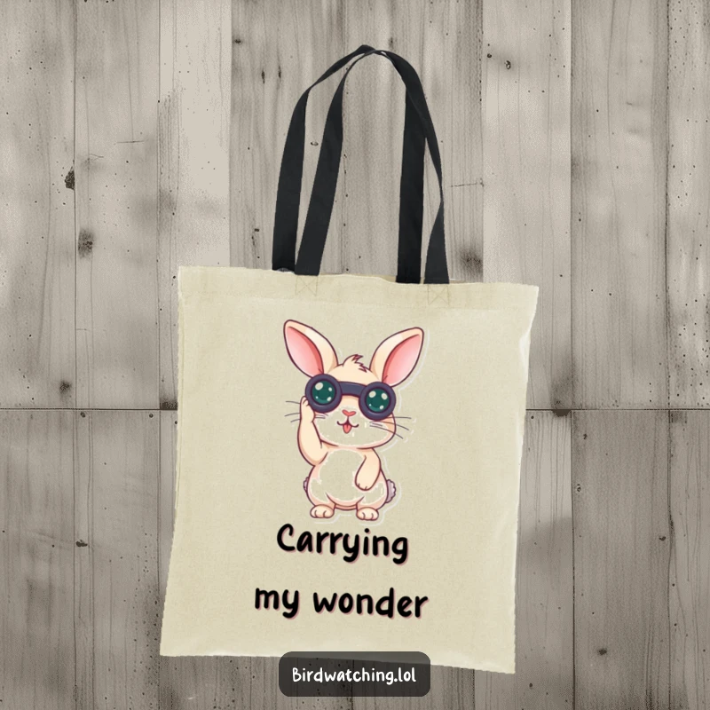 Funny surprised rabbit tote bag with a curious bunny holding binoculars, eyes wide in surprise, ideal for everyday use.