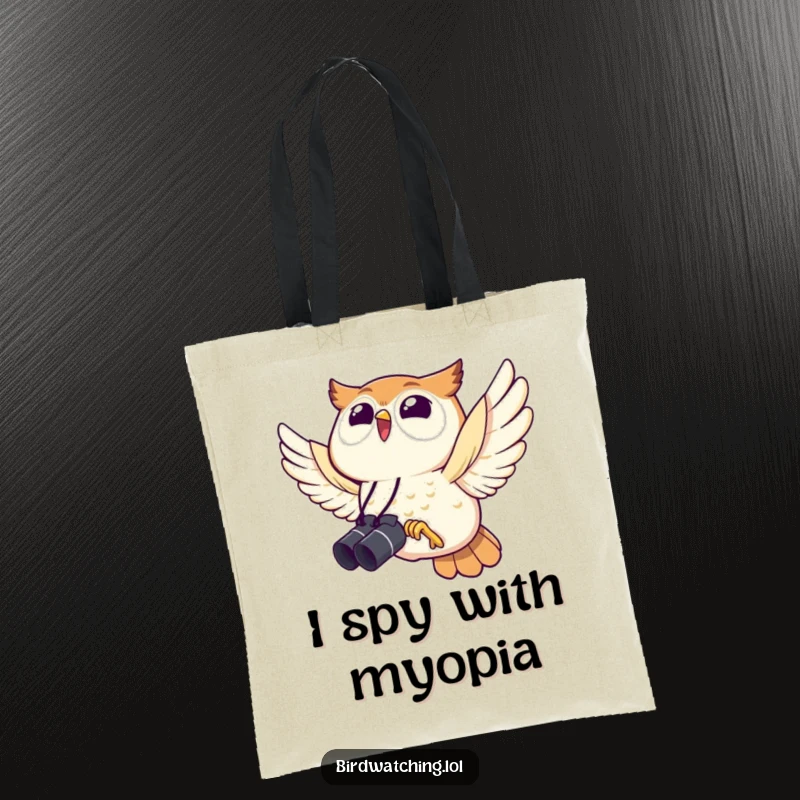 Funny owl tote bag, flying with binoculars, a practical and humorous accessory for bird watching fans.