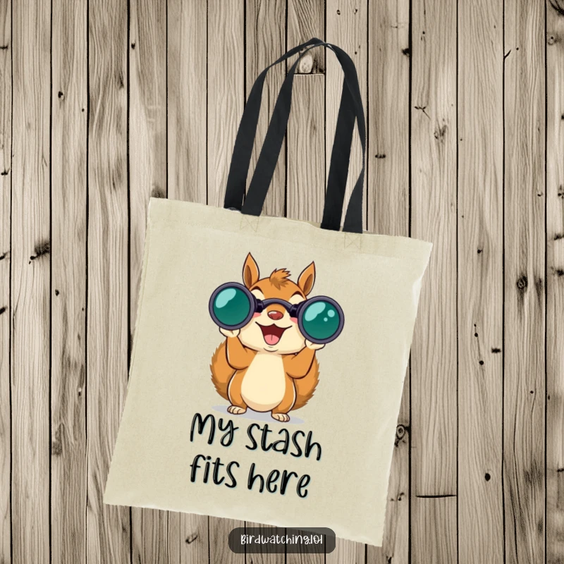 Funny grinning squirrel peering through binoculars, ready for adventure on a stylish tote bag.