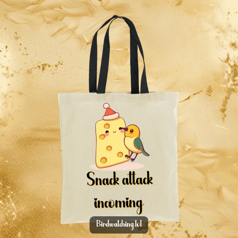 Funny tote bag with a slice of cheese in a tiny hat, about to be pecked by a curious bird, a humorous and eye-catching design.